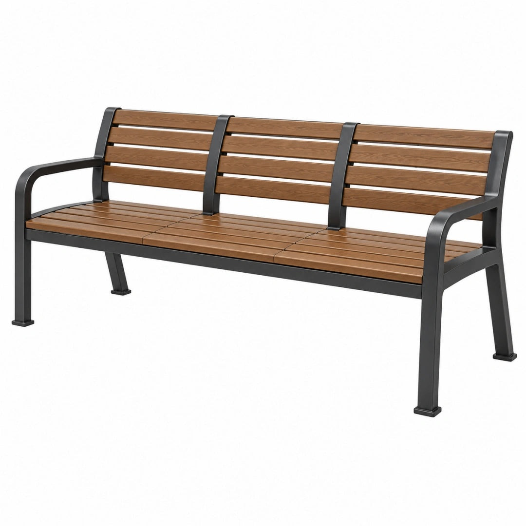 Gartenbank 180 cm aus Holz und Metall in Braun Schwarz mit Armlehnen