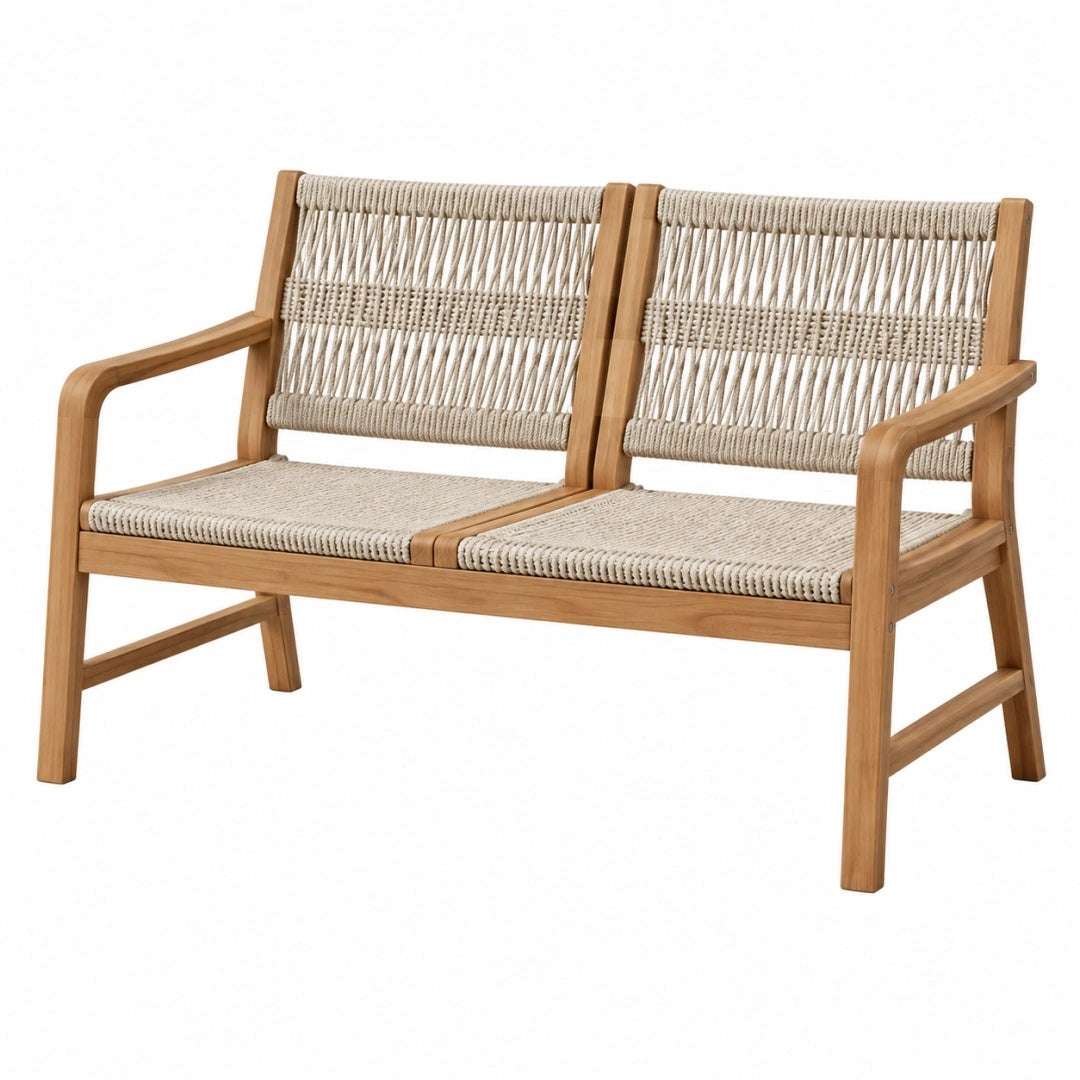 2-Sitzer Gartenbank 120 x 70 x 85 cm aus Holz und Seilgeflecht Naturholz Beige im Boho-Stil für Terrasse und Balkon