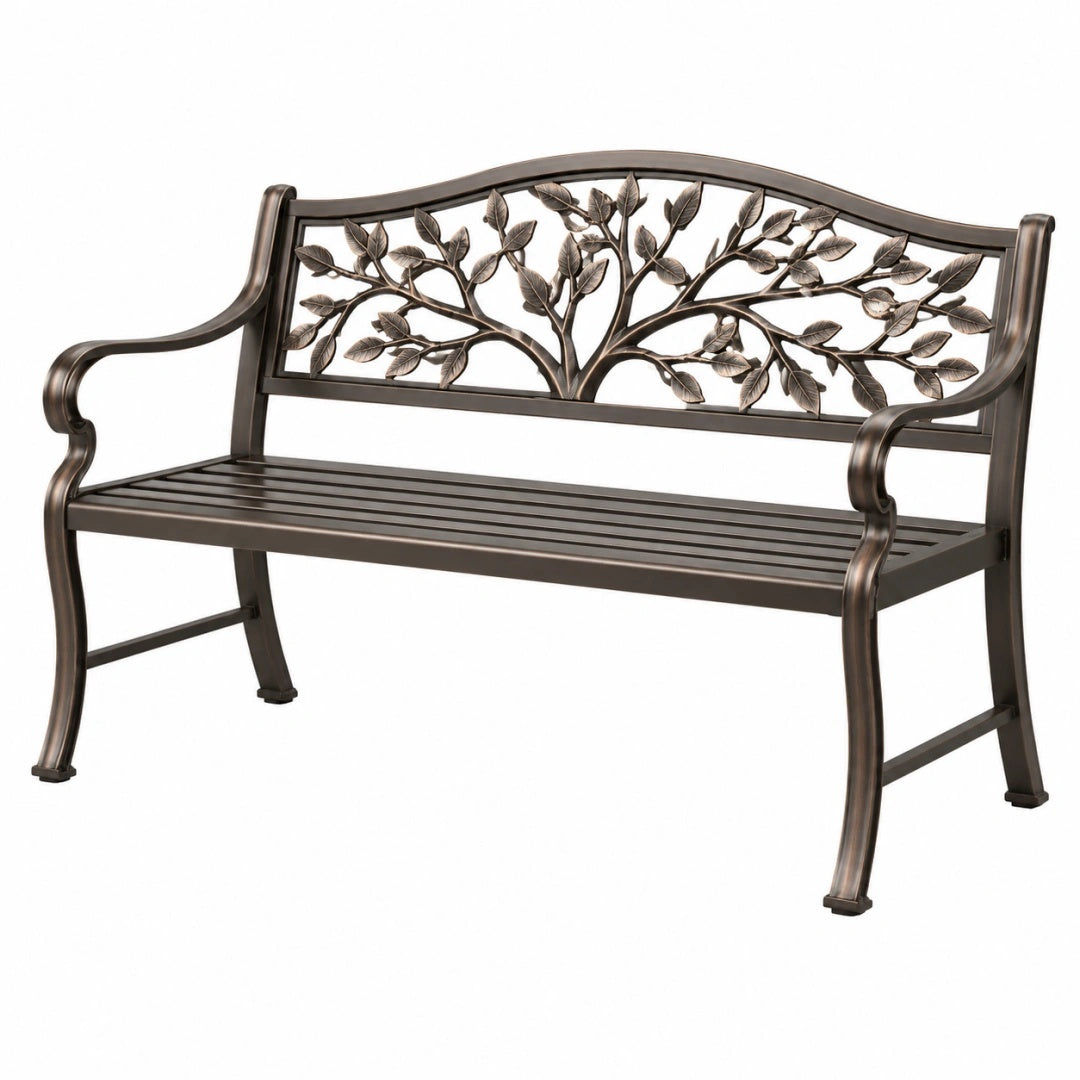 Gartenbank 122 cm Metall Dunkelbraun mit Baumdekor für den Außenbereich