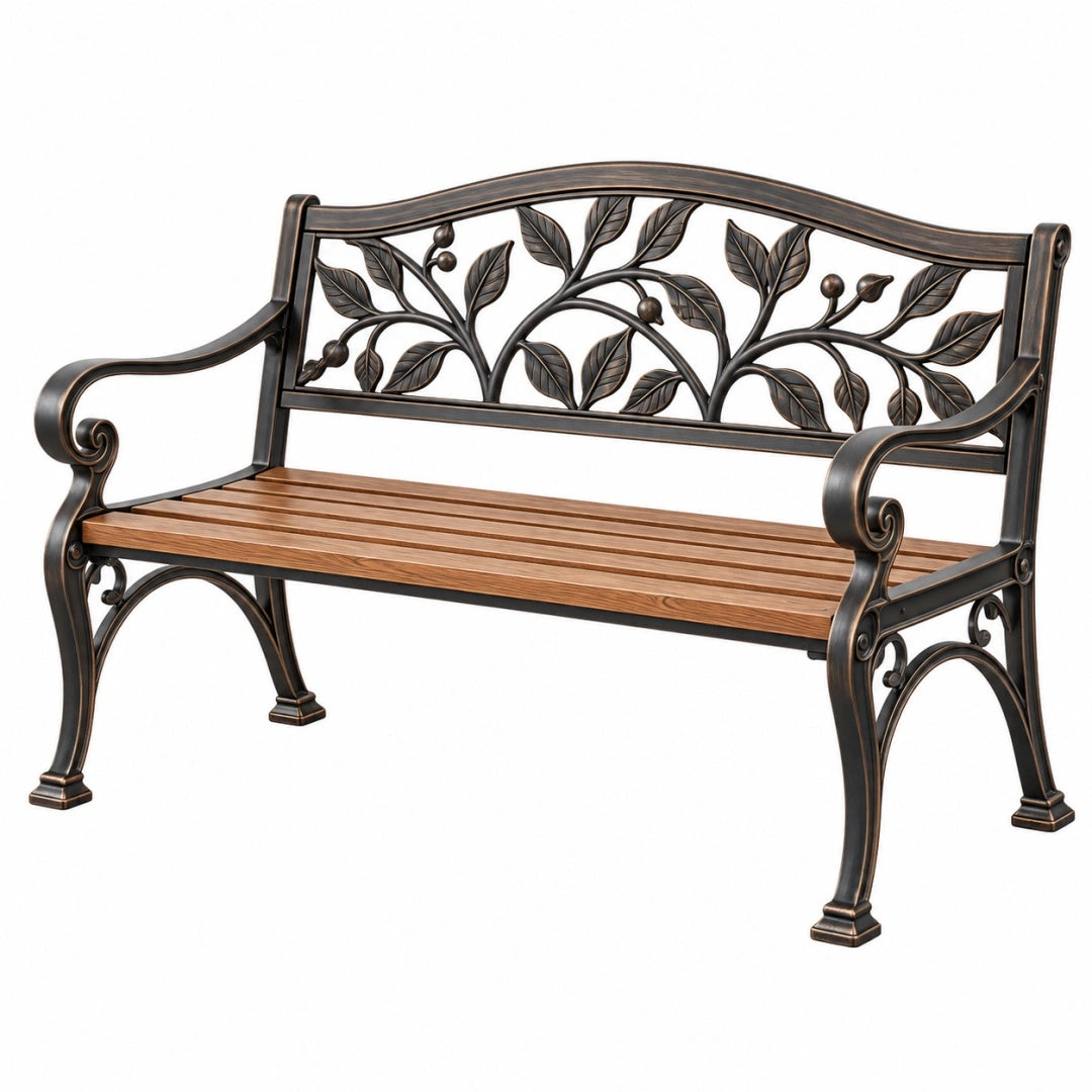 Gartenbank 122 cm aus Metall und Holz in Bronze Braun mit Blattornament