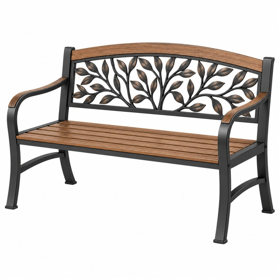 Gartenbank 125 x 60 x 85 cm aus Metall Braun Schwarz mit Blattmotiv