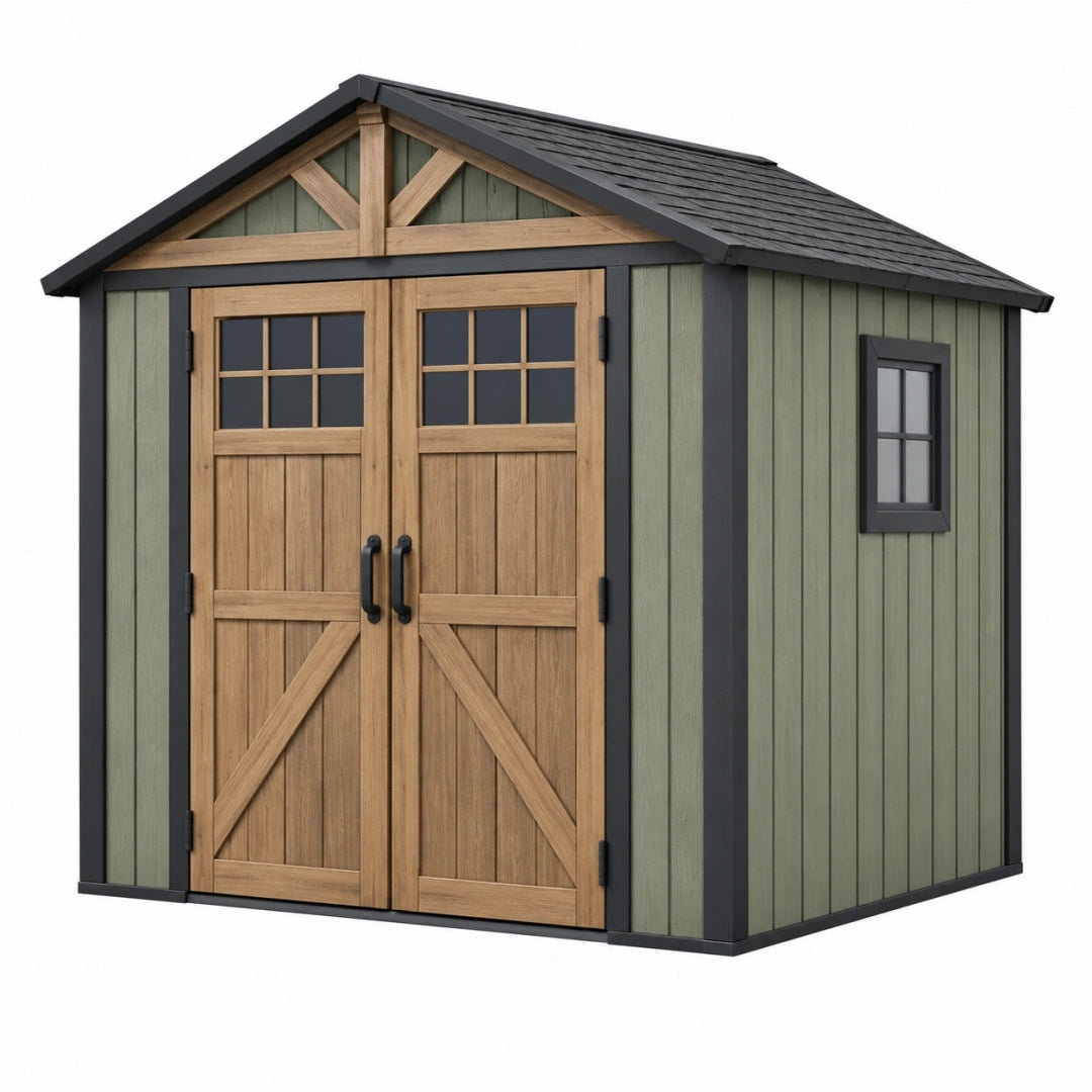 Gartenhaus 240 x 180 x 220 cm aus Holz Grün Naturholz Schwarz mit Doppeltür