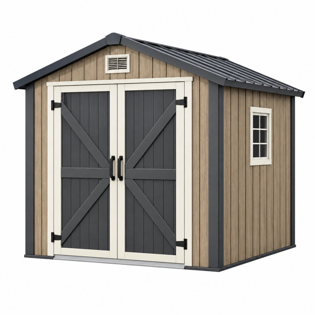 Gartenhaus 240 x 180 x 220 cm Holzoptik Metall Dach Anthrazit Natur mit Doppeltür