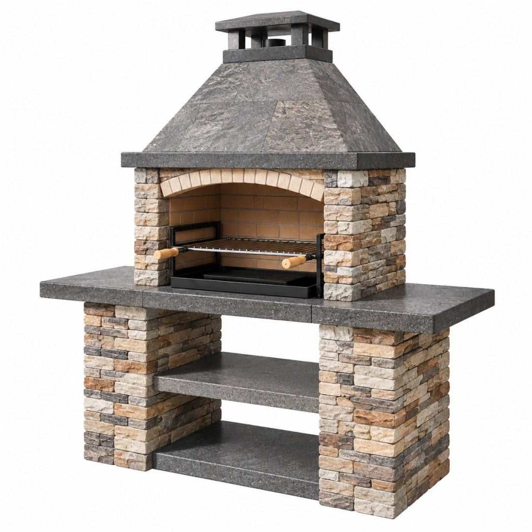 Grillkamin 160 cm Naturstein Grau Braun für den Außenbereich mit Grillrost