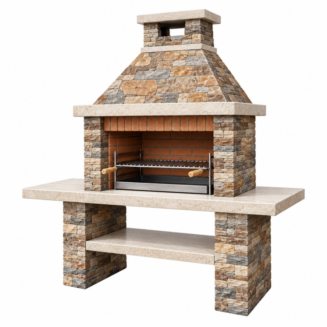 Gartengrill 150 x 70 x 220 cm aus Stein und Ziegel Braun Beige mit Kamin und Grillrost