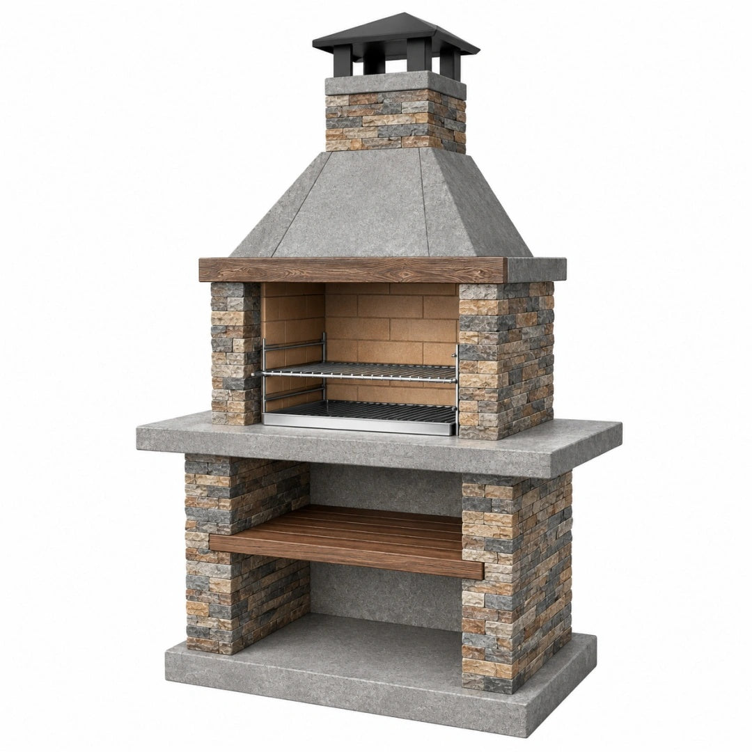 Gartenkamin 120 x 70 x 220 cm aus Beton und Steinverblendung Grau Braun mit Grillrost