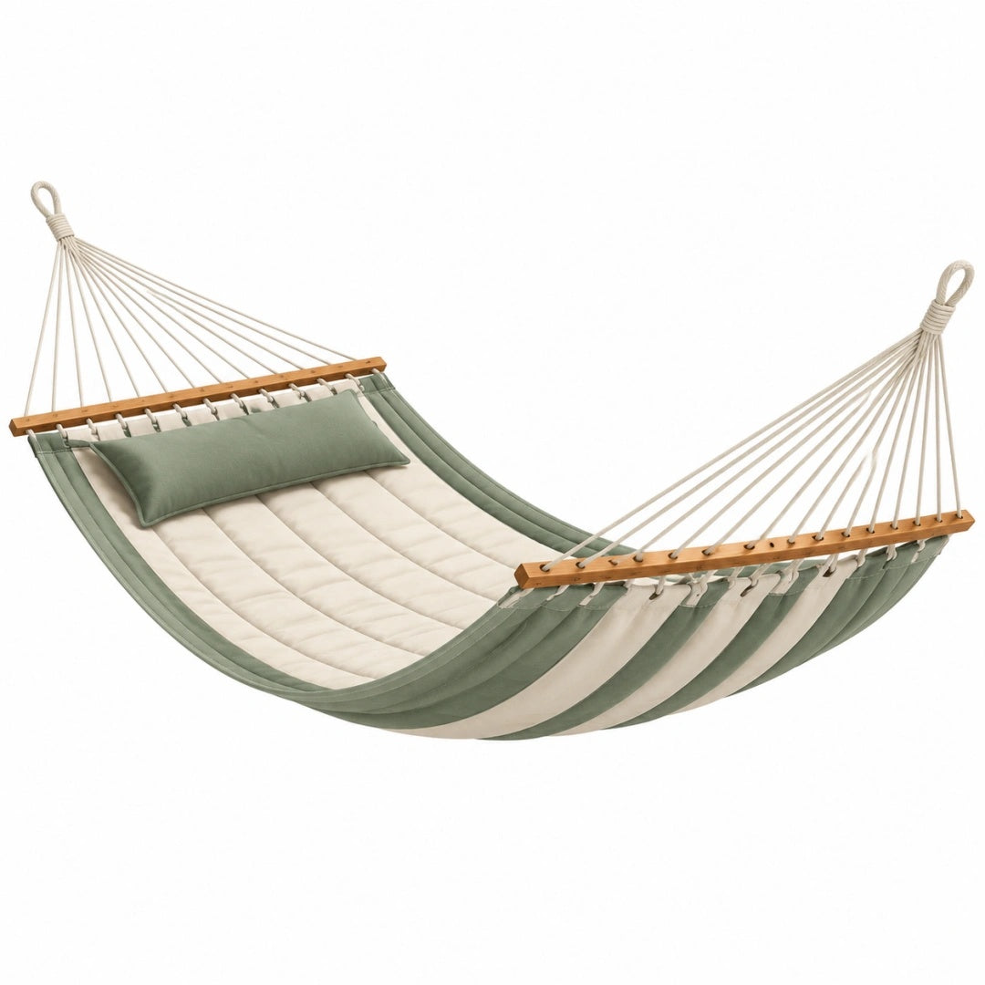 Hängematte 210 x 140 cm Baumwollgewebe Grün Creme für Garten und Terrasse mit Holzspreizstäben