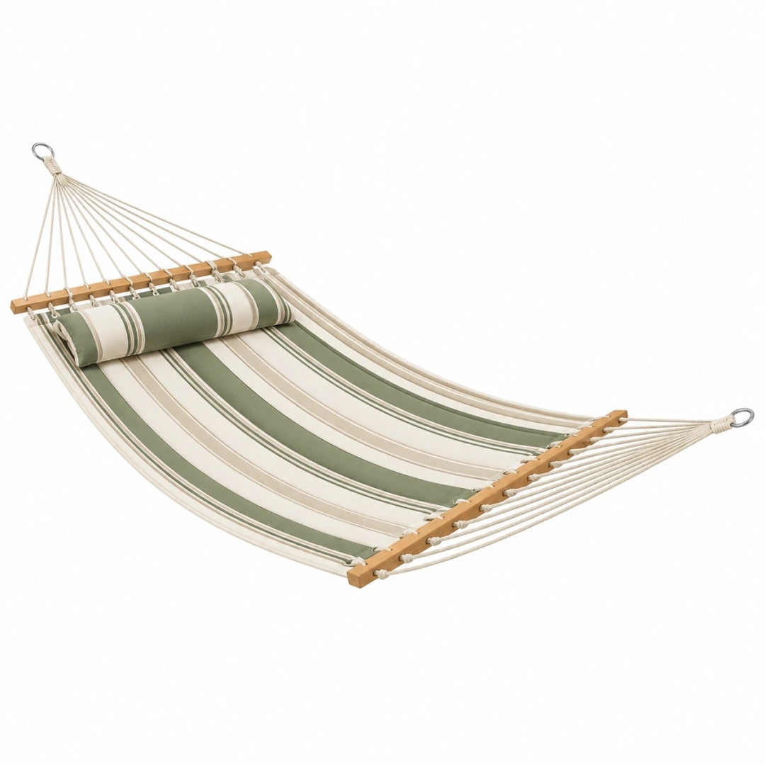 Hängematte 300 x 120 cm Baumwollmischgewebe Grün Beige mit Holzspreizstäben