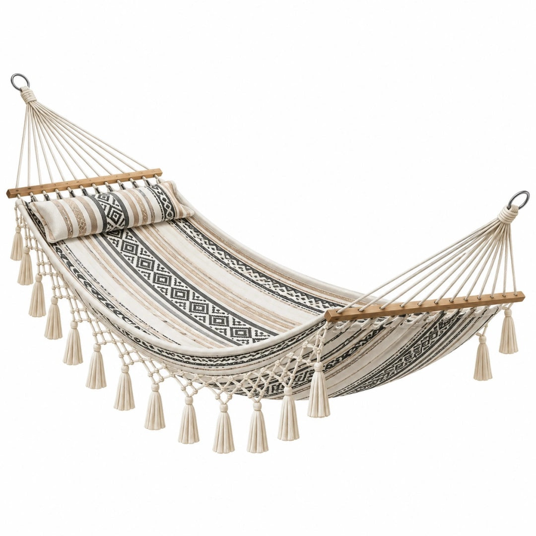 Hängematte 320 x 100 cm aus Baumwolle in Natur Beige Schwarz mit Holzstäben und Quasten