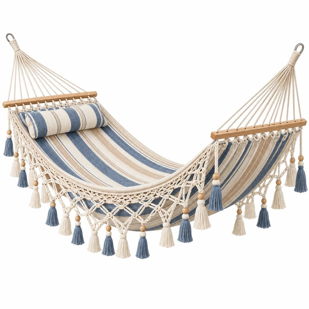 Hängematte 200 x 100 cm Baumwollmischgewebe Blau Beige mit Holzspreizstäben im Boho Stil