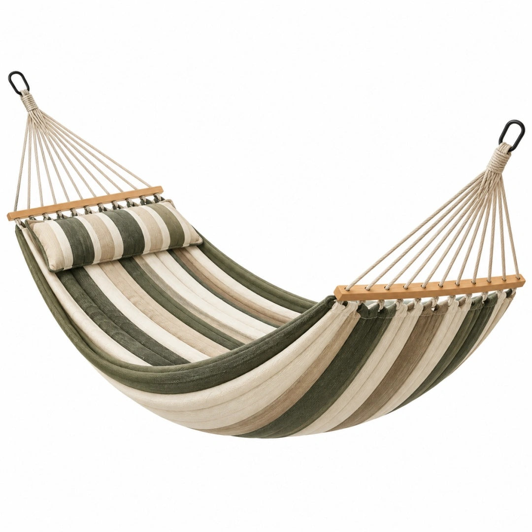 Hängematte 300 x 120 cm aus Textilgewebe in Grün Beige mit Holzspreizstäben für Garten und Balkon