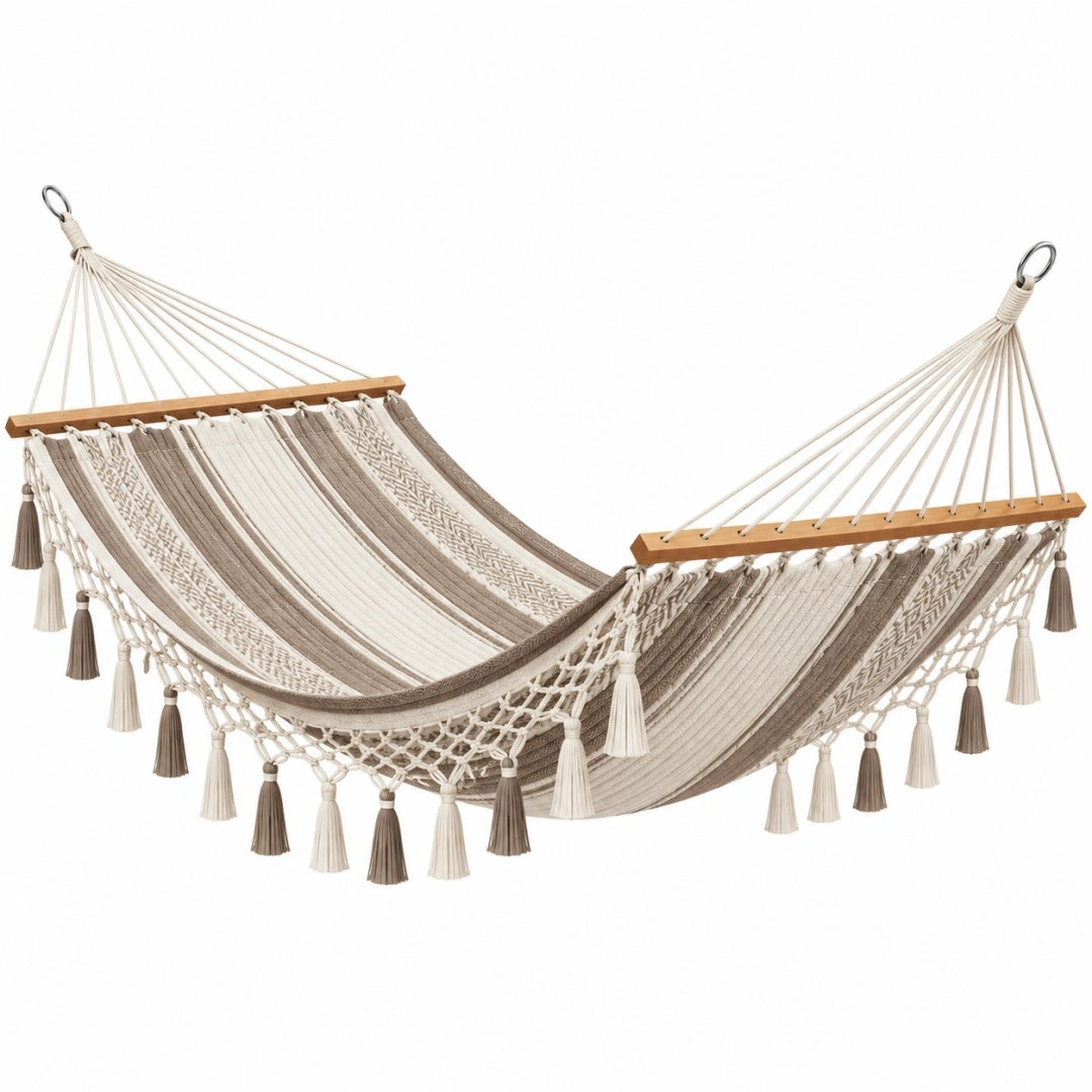 Hängematte 200 x 100 cm aus Baumwolle in Beige Braun - Boho Stil für Garten und Terrasse