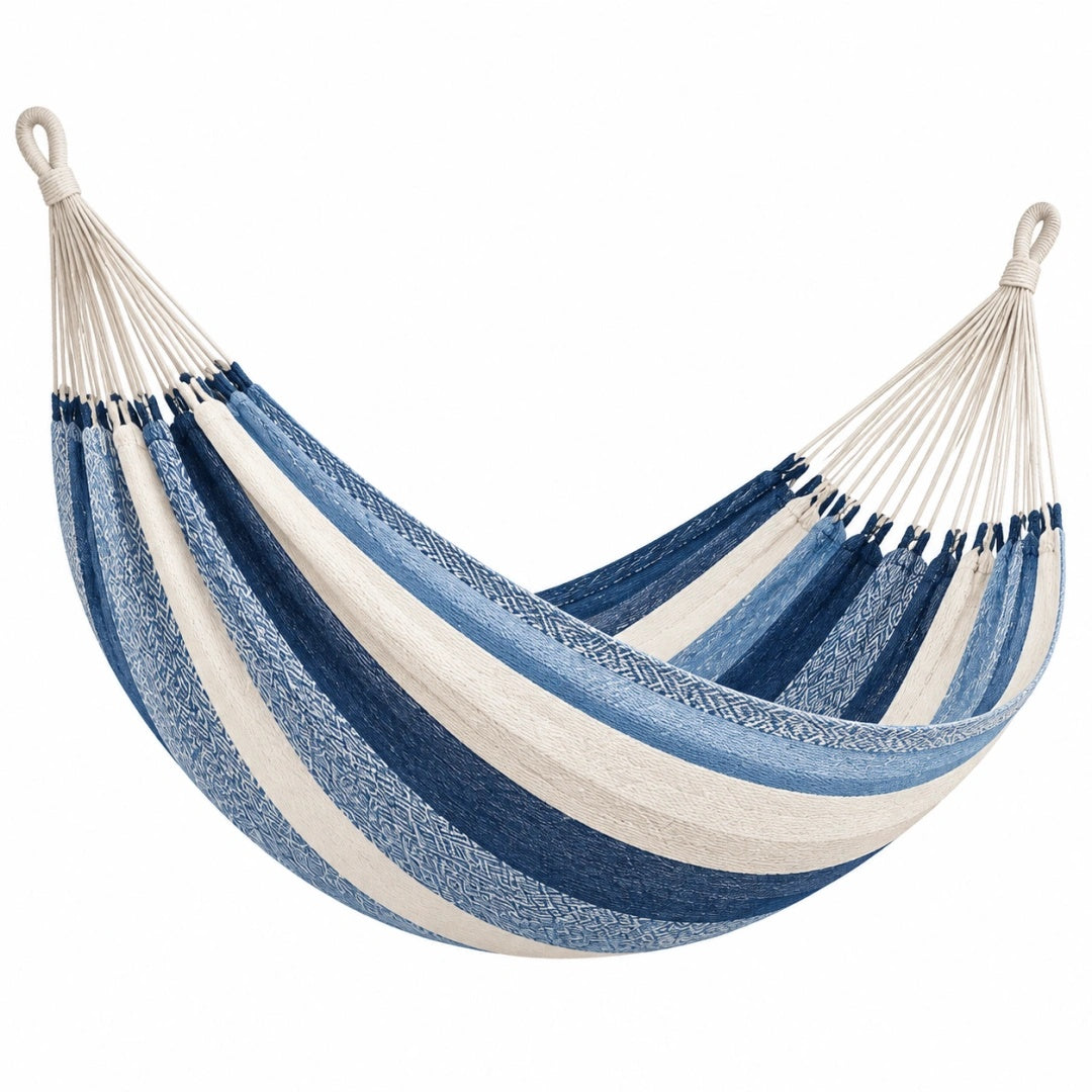 Hängematte 200 x 100 cm aus Baumwolle Blau Creme gestreift für Garten und Balkon