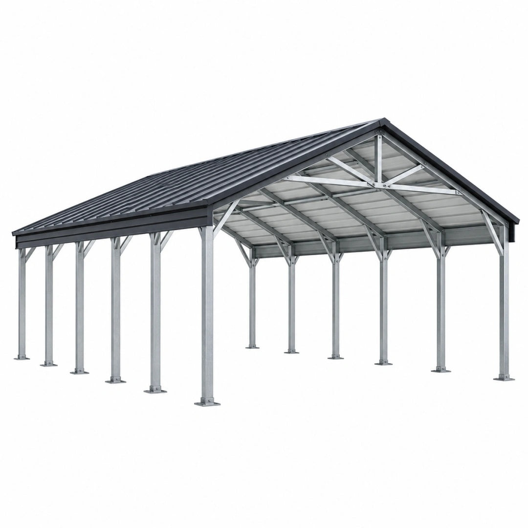 Carport 600 x 600 cm aus Stahl Grau mit Satteldach für Fahrzeuge