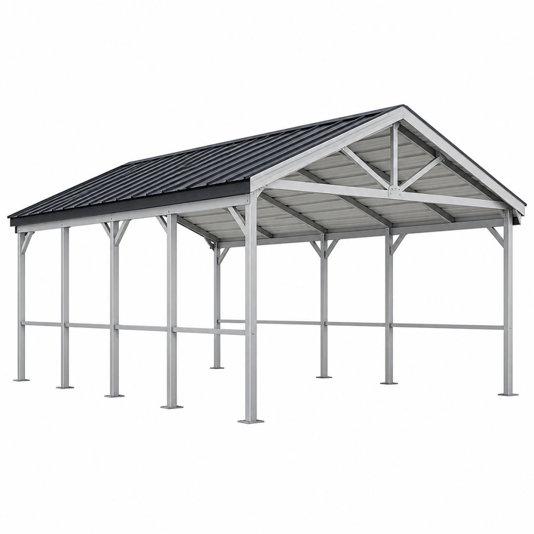 Carport 600 x 300 x 270 cm aus Stahl silberfarben mit anthrazitfarbenem Satteldach